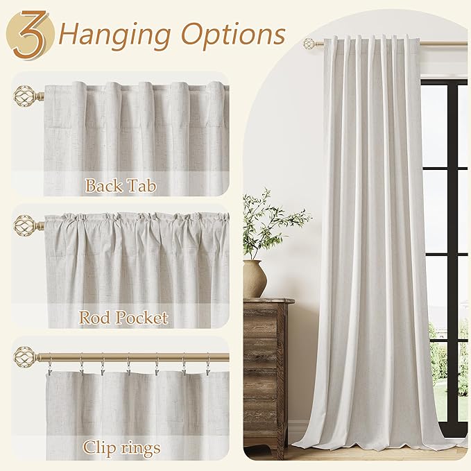 Guken 108 Inch Long Light Beige 100% Blackout Curtains for Living Room Bedroom Back Tab Thermal Insulated Netural Farmhouse Black Out Linen Drapes Room Darkening Window Curtain 2 Panels Set, 9 FT