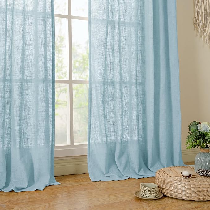 LAMIT Semi Sheer Window Linen Curtains 54 Inch, Light Filtering Panels Back Tab and Rod Pocket Country Decor Drapes for Bedroom/Farmhouse, Stone Blue, 2 Panels, 34 x 54 Inch