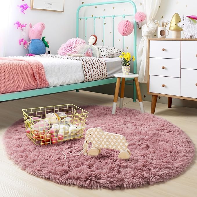 Blush Fluffy Round Rug 5Ft for Bedroom, Fuzzy Plush Circle Area Rugs for Baby Kids Room Decor Aesthetic, Shaggy Circular Carpet for Teen Girls Nursery Dorm Playroom, Cute Dusty Rose Mauve Rug