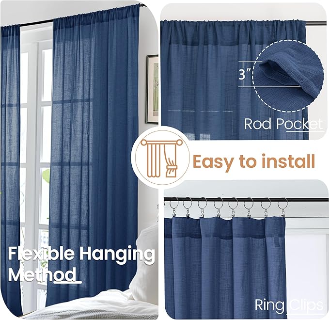 BGment Navy Blue Linen Curtains 84 Inch Length for Living Room, Semi Sheer Window Drapes Light Filtering for Bedroom Dining Decorative with Rod Pocket Lightweight, 2 Panels Set, Each 52 Inch Wide