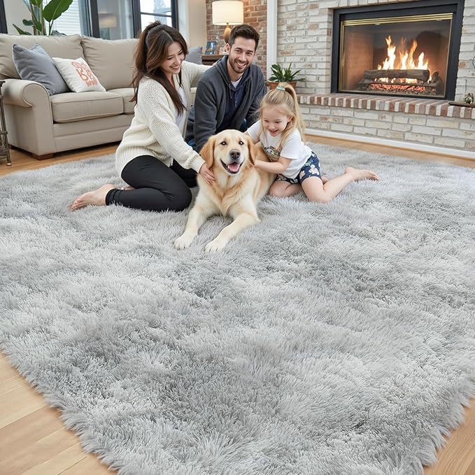 8x10 Area Rugs for Living Room Bedroom, Large Area Rug Shag Shaggy Carpet Soft Plush Furry Bedside Rug, Rugs for Home Decor (Light Grey Tie-Dyed, 8x10 Feet)