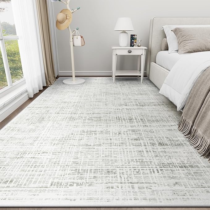 10x12 Area Rugs Washable Rug: Anti-Skid Abstract Modern Living Room Rug Soft Thin Carpets Indoor Floor Non-Shedding Carpet for Bedroom Dining Farmhouse Nursery Home Office (White Gray, 10'x12')