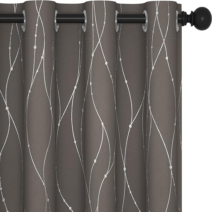 Deconovo Blackout Curtains, Thermal Insulated Soundproof Grommet Drapes, Wave Dots Silver Print, 52 x 63 Inch, Set of 2, Machine Washable Window Panel for Kitchen Bedroom Living Room Nursery, Taupe