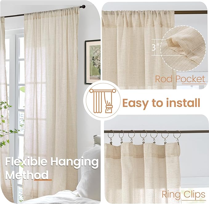 BGment Long Linen Curtains 102 Inch Length for Living Room Window, Semi Sheer Natural Textured Drapes for Bedroom Dining Farmhouse Decorative Rustic Rod Pocket Lightweight, 2 Panels, Each 52 Inch Wide