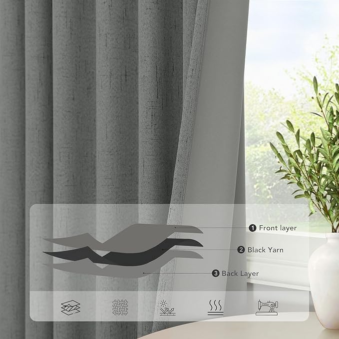 Dark Grey Thermal Curtains 54 Inch Length for Bedroom Thick Linen Textured Dining Room Darkening Blackout Insulated Insulating Sound Proof Window Curtains for Kitchen Back Door Bathroom Charcoal Gray