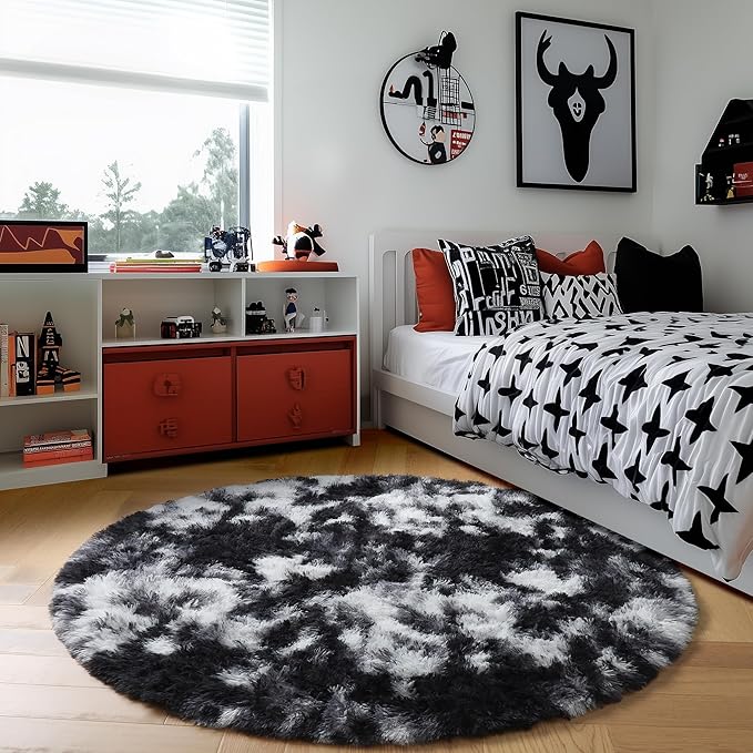 Amdrebio Black White Grey Round Rug 4Ft Circle Area Rugs for Bedroom Living Room, Fluffy Fuzzy Shaggy Furry Rugs for Kids Room Dorm Home Office, Shag Plush Floor Modern Cool Carpet for Men Teen Boys