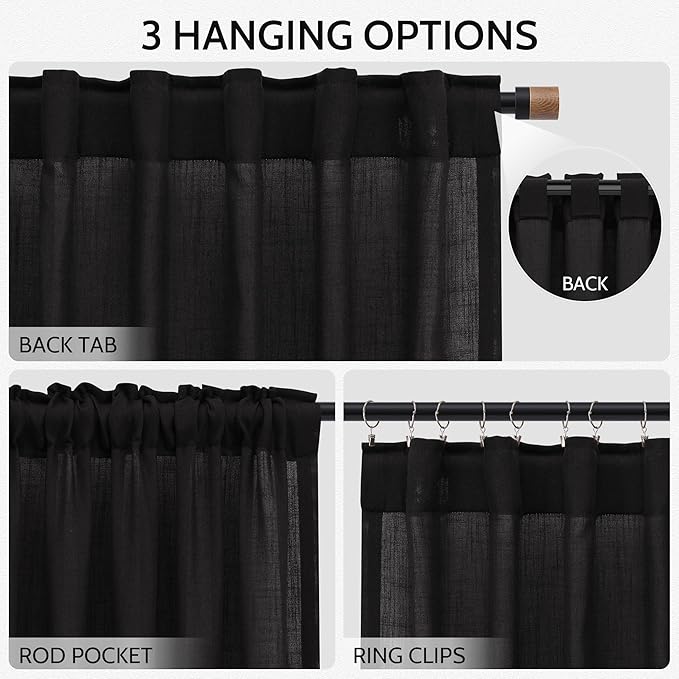 Vintage Black Linen Curtains 102 Inches Long for Living Room Light Filtering Semi Sheer Curtain Back Tab Floor to Ceiling High Window Gothic Vintage Decor Drapes for Bedroom Office 52x102,2 Panels