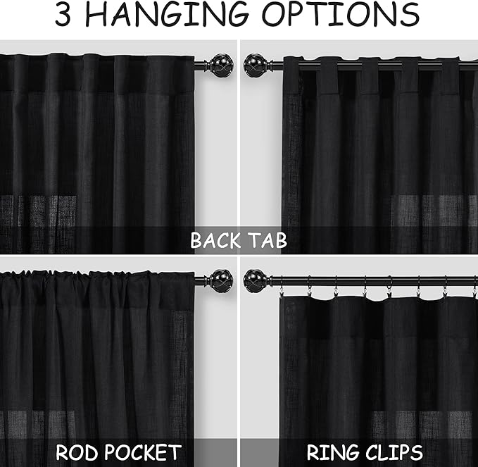 Black Sheer Linen Curtains 90 inch Length for Bedroom Back Tab Rod Pocket Modern Farmhouse Muslin Look Cotton Textured Black Window Curtains 90 inches Long for Dining Room Living Office 2 Panels