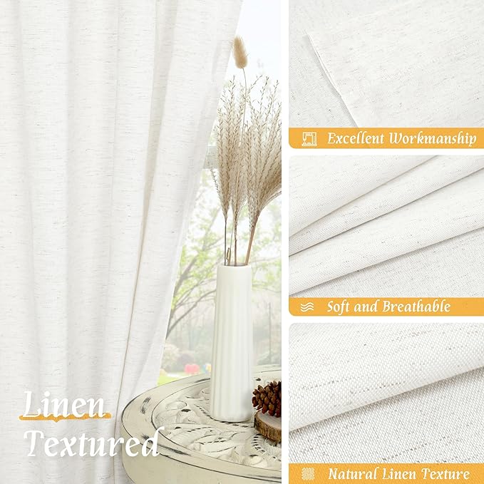 LAMIT Ivory White Linen Curtains 54 Inch Length, Faux Linen Textured Light Filtering Panels Rod Pocket Privacy Neutral Drapes for Window/Bedroom/Living Room, 2 Panels, 42 x 54 Inch
