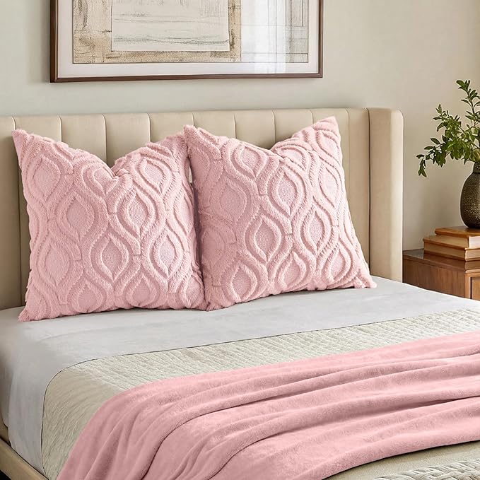 decorUhome Throw Pillow Covers 24x24 Inch Set of 2, Soft Plush Faux Wool Pink Solid Couch Pillow Covers, Accent Euro Sham Farmhouse Neutral Square Pillow Cases for Sofa Bed Living Room