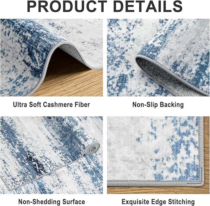 Area Rugs Living Room Rug - 5x7 Washable Modern Abstract Soft Neutral Non-Slip Carpet Large Indoor Floor Thin Carpets for Bedroom Dining Room Farmhouse Nursery Home Office White Blue Grey