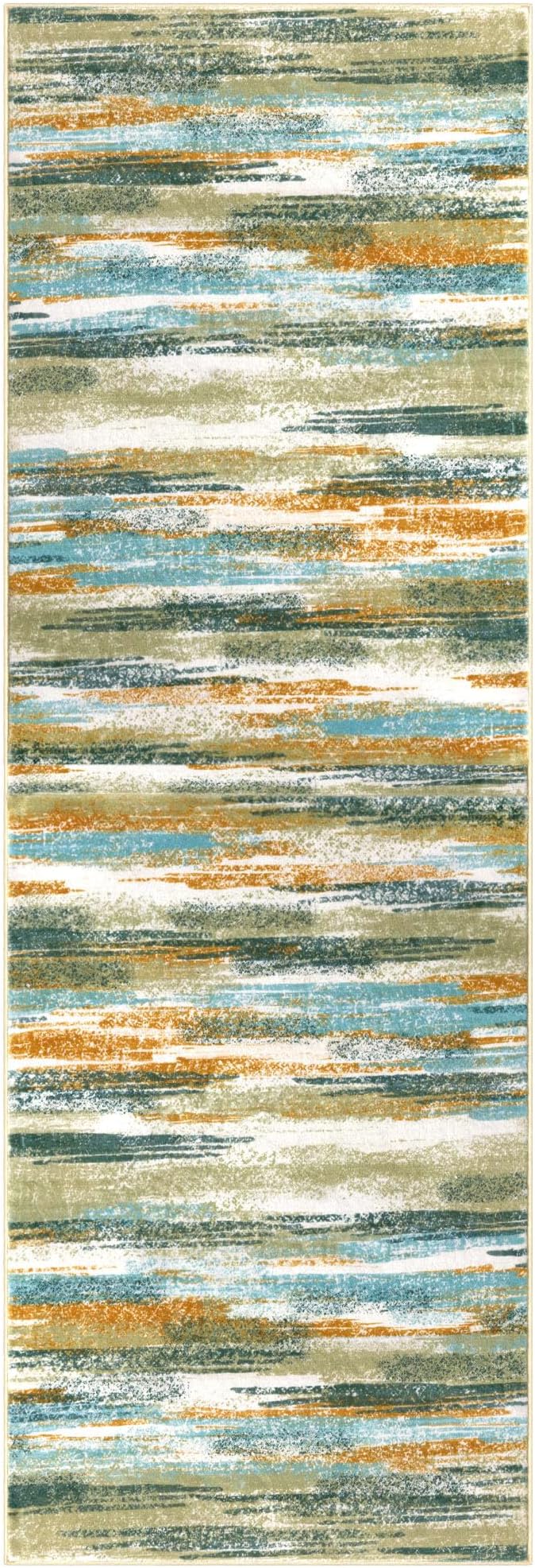 Lansny Modern Abstract Runner Rug 2.6x12, Green Mustard Multi Washable Long Kitchen Runner Non-Slip Soft Hallway Rug Runner Thin Print Faux Wool Carpet for Entryway Bedroom Laundry Room Indoor