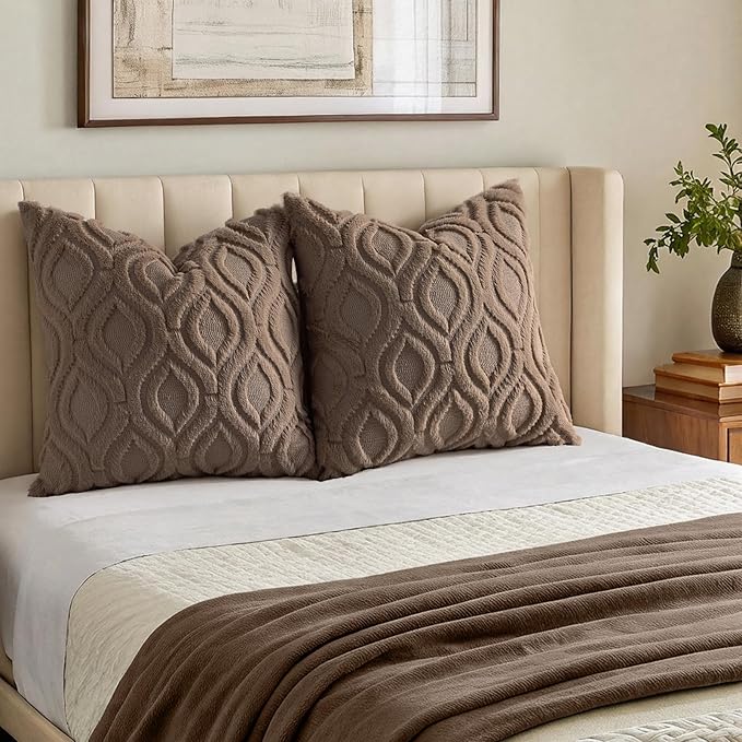 decorUhome Throw Pillow Covers 20x20 Inch Set of 2, Soft Plush Faux Wool Brown Solid Couch Pillow Covers, Accent Farmhouse Neutral Square Pillow Cases for Sofa Bed Living Room