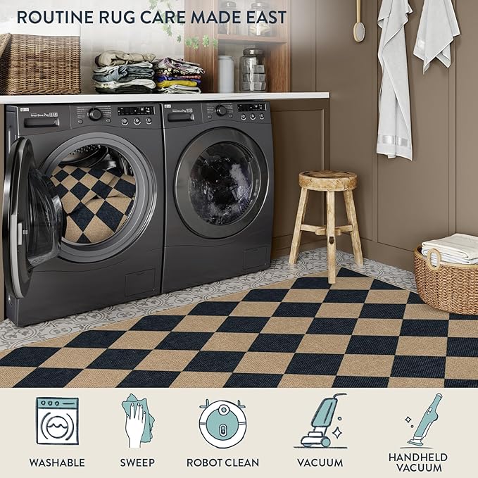 Lahome Colette Checkered Easy Jute Runner, 2x6 Kitchen Runner Rug Non Slip Washable Outdoor Rug for Entryway Indoor, Checkerboard Black Indoor Outdoor Carpet for Hallway 6ft Entry Front Door