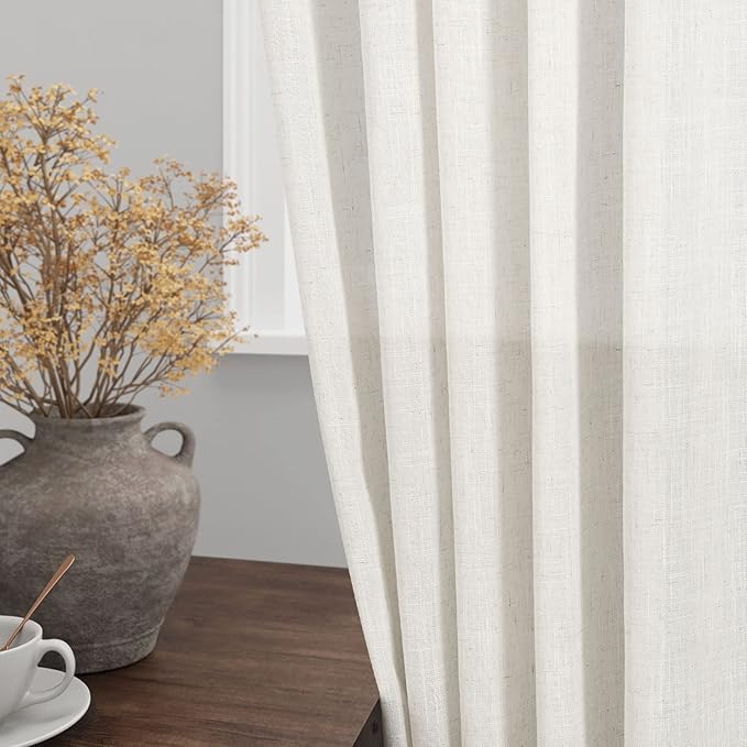 Cream Linen Curtains 103 Inches Long 2 Panels Set for Living Room Extra Long Back Tab Curtains Neutral Farmhouse Light Filtering Semi Sheer Linen Drapes Ceiling to Floor for Large Window 52x103