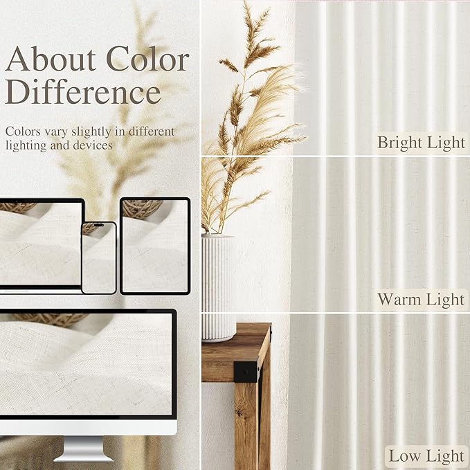 Nanspring Extra Long Curtains 2 Panels 128 Inches Long for Dinning Room Cream Back Tab Rod Pocket Light Filtering Semi Sheer Drapes Cotton Linen Textured Window Curtain for Bedroom 52x128