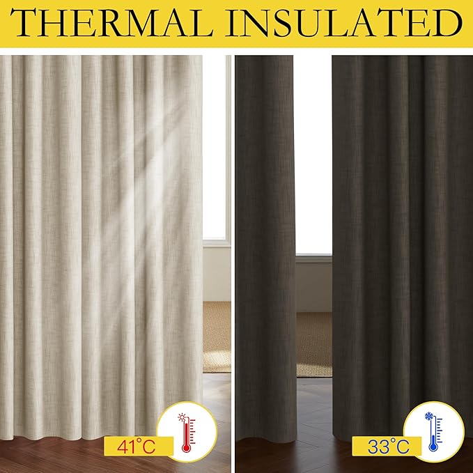 NICETOWN Taupe 100% Blackout Linen Curtains 63 inch Long Burg, Farmhouse Thick Completely Blackout Window Treatment Panels Thermal Insulated Drapes for Living Room (1 Pair, 52" Width Each Panel)