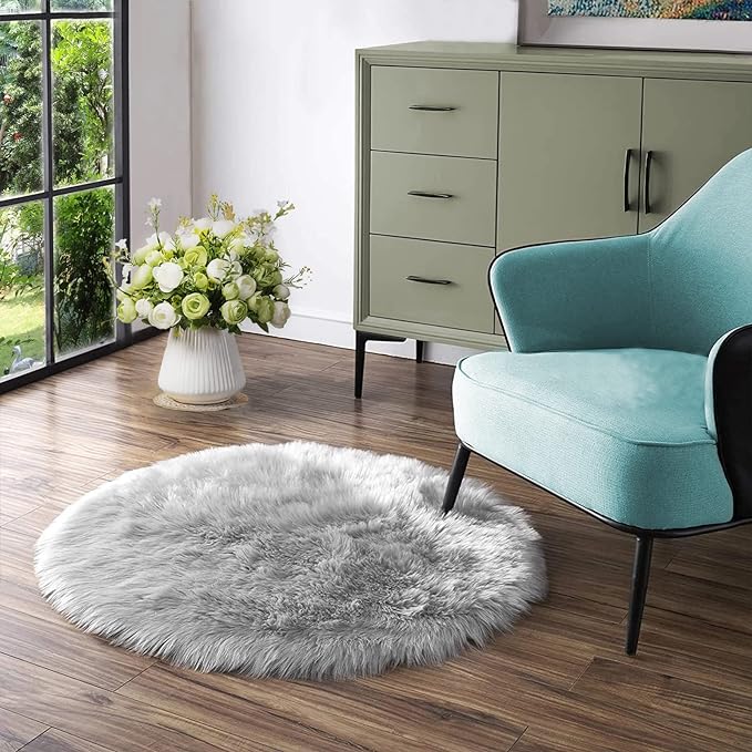 Latepis Grey Round Rugs 6ft Faux Fur Sheepskin Circle Rug for Living Room Fluffy Washable Rug for Bedroom Teen Room Dorm Cute Room Décor