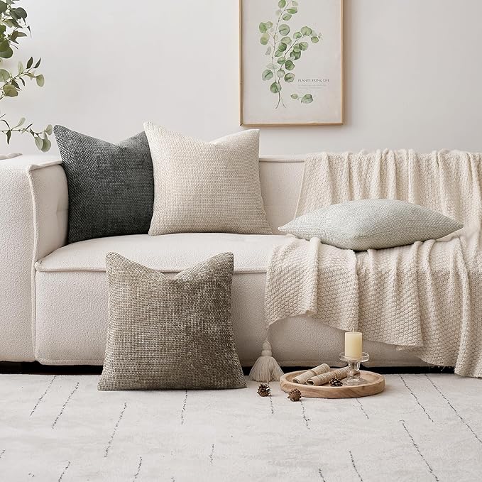 MIULEE Pack of 4 Couch Throw Pillow Covers 22x22 Inch Neutral Soft Decorative Chenille Pillow Covers Farmhouse Boho Accent Cushion Covers for Mid Century Modern Spring Decor Sofa Bedroom Living Room