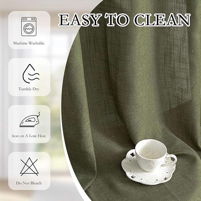 MYSKY HOME Curtains for Living Room 84 Inches Long Semi Sheer Light Filtering Privacy Drapes Linen Look Textured Boho Home Decor, Backdrop Curtain for Parties, 100" x 84", Olive Green, 1 Panel