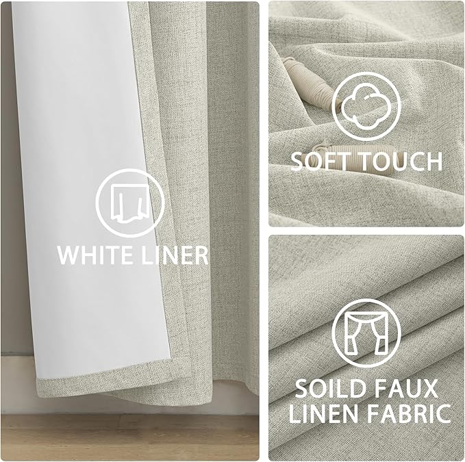 Yakamok Cream Linen Curtains 100% Blackout 72 Inches Long,Room Darkening Textured Curtain for Living Room Thermal Grommet Bedroom Curtains 2 Panels with Greyish White Liner