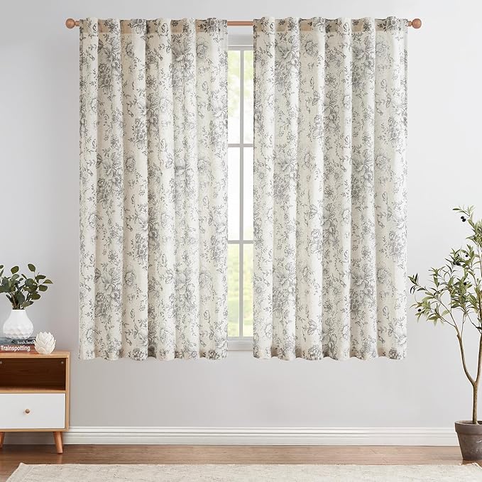 jinchan Linen Blend Curtain Floral Curtains for Living Room 45 Inch Length Grey Printed Curtain Rod Pocket Back Tab Farmhouse Peony Flower Patterned Drapes Bedroom Window Curtains Set 2 Panels