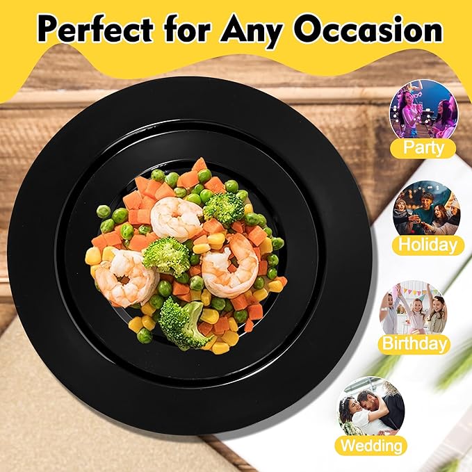 60 PCS Black Plastic Plates, Plastic Black Disposable Plates Include 30 10 inch Dinner Plate and 30 7 inch Dessert Plate, black plates Perfect for New Year Party, Wedding