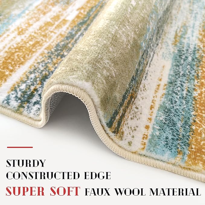 Lansny Modern Abstract Runner Rug 3x8, Green Mustard Multi Washable Kitchen Runner Non-Slip Soft Hallway Rug Runner Thin Print Faux Wool Carpet for Entryway Bedroom Laundry Room Indoor Home Office