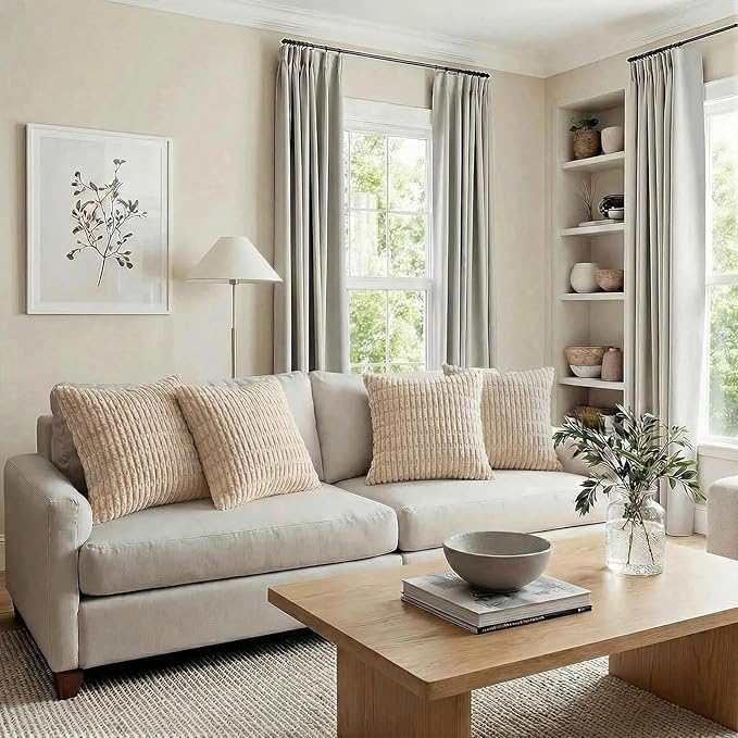 Fancy Homi 4 Packs Tan Decorative Throw Pillow Covers 22x22 Inch for Living Room Couch Bed Sofa, Beige Rustic Farmhouse Boho Home Decor, Soft Plush Striped Corduroy Square Cushion Case 55x55 cm
