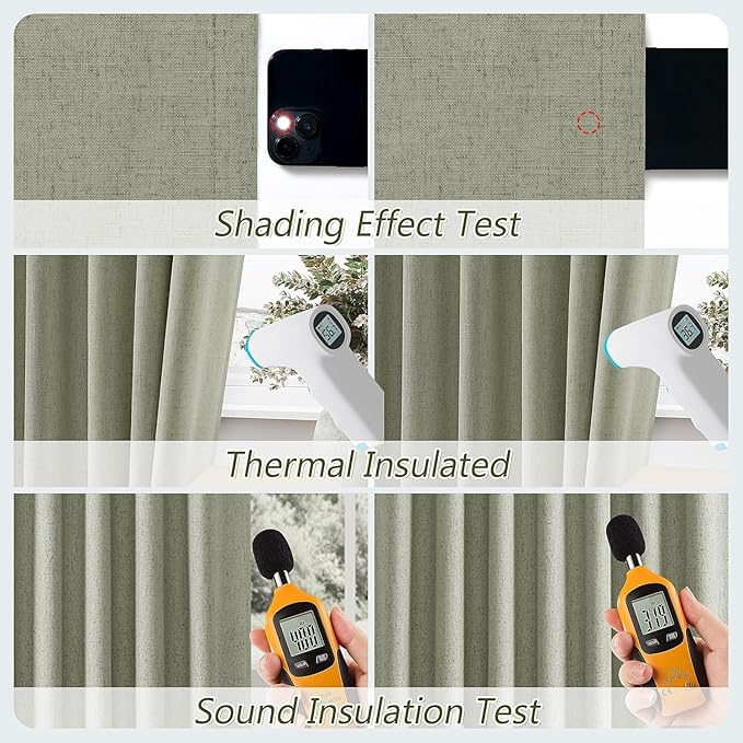 Sage Green 100% Blackout Curtains 80 Inch Length 2 Panels Set for Living Room Bedroom Back Tab Thermal Insulated Black Out Linen Drapes Room Darkening Window Curtains 40 Wide