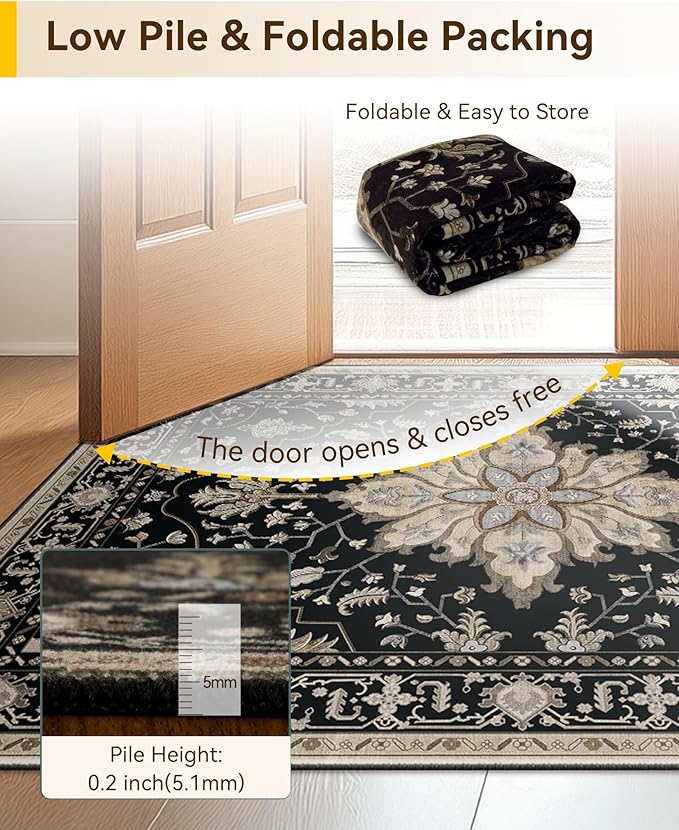 Area Rugs 2'x5' Runner Rug Non Slip Washable for Kitchen Hallway Bedroom Beside Laundry Room Bathroom Rug, Floor Carpet, Black Brown Neutral Dark Tan