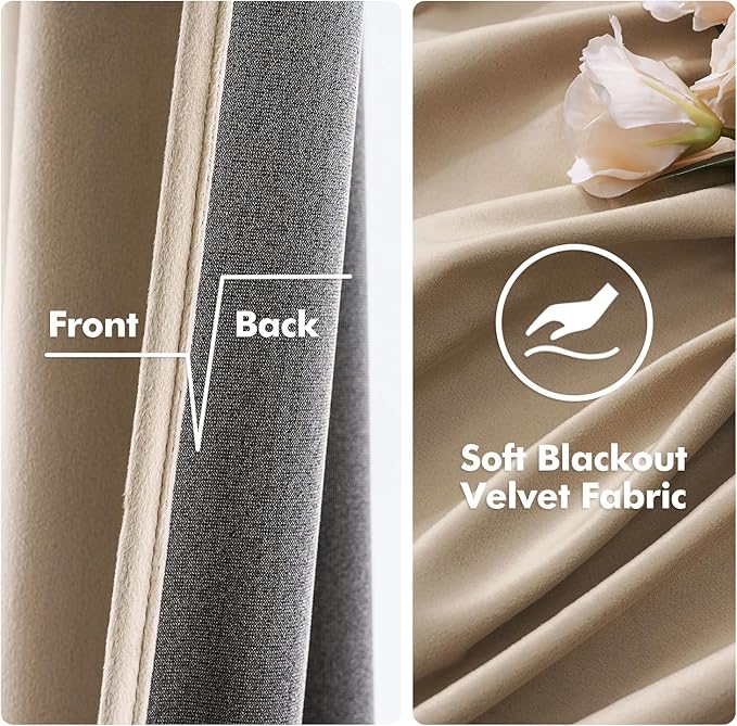 MIULEE 2 Panels Blackout Velvet Curtains Solid Soft Grommet Camel Beige Curtains Thermal Insulated Soundproof Room Darkening Drapes/Panels for Living Room Bedroom 52 x 90 Inch
