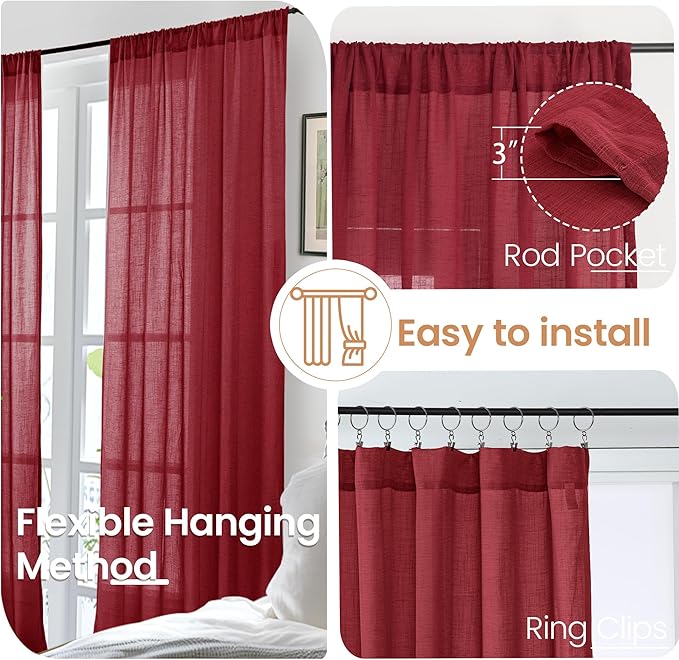 BGment Burgundy Linen Curtains 63 Inches Long for Living Room, Semi Sheer Window Drapes Lightweight Rustic Country Textured with Rod Pocket for Dining Bedroom, 2 Panels, Each 42 Inch Wide