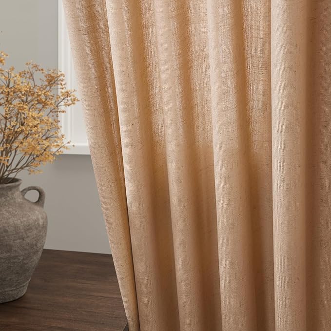 Nanspring Camel Linen Curtains 2 Panels Set for Living Room Back Tab Rod Pocket Window Drapes Light Filtering Semi Sheer Elegant Farmhouse Curtain 100 Inches Long for Dining Room Bedroom 52x100