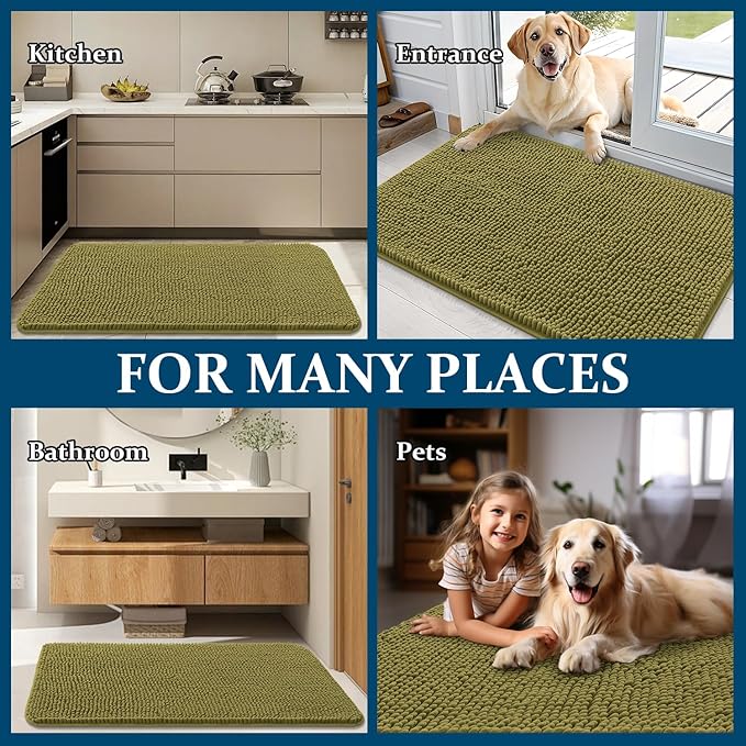 OLANLY Dog Door Mat for Muddy Paws 35x24, Absorbs Moisture and Dirt, Absorbent Non-Slip Washable Doormat, Quick Dry Chenille Mud Mat, Entry Indoor Entryway Carpet for Inside Floor, Willow Green