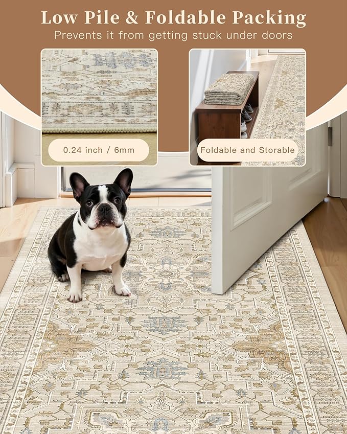Madane Hallway Runner Rug 4x8 Wide: Washable Thin Runners for Hallways Entry, Non Slip Soft Vintage Kitchen Rugs Low Pile Carpet Runners for Living Room Bedroom Dining Room Foyer (Beige/Blue, 4x8)
