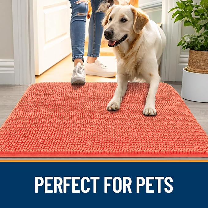 OLANLY Dog Door Mat for Muddy Paws 32x20, Absorbs Moisture and Dirt, Absorbent Non-Slip Washable Doormat, Quick Dry Chenille Mud Mat for Dogs, Entry Indoor Entryway Carpet for Inside Floor, Coral