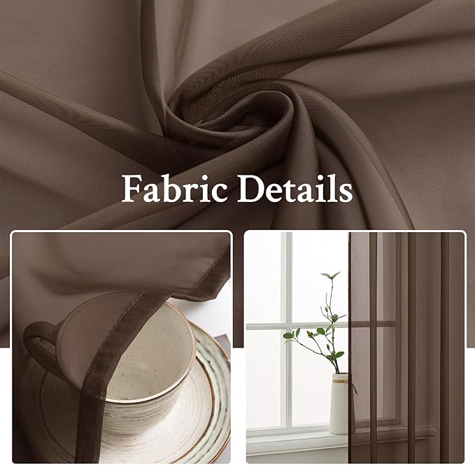 MIULEE Short Chocolate Brown Sheer Curtains 54 Inches Long, Light Filtering Voile Drapes with Rod Pocket for Bathroom Windows, Small Window Treatments, 2 Panels Set