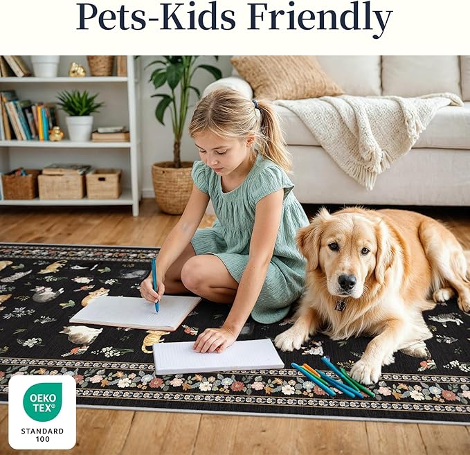 3x7 Washable Kitchen Runner Rug - Soft Low Pile Floral Animal Cat Print Rugs with Non-Slip Backing Waterproof Stain-Resistant Indoor Carpet for Hallway Entryway Bathroom Bedroom (Black)