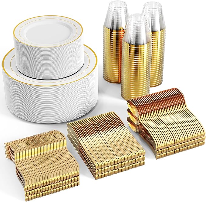 FOCUSLINE 600 Ct Gold Dinnerware Set for 100 Guests - Gold Rimmed Disposable Plastic Plates, Includes 100 Dinner & Salad Plates, Cups, Cutlery Set for Wedding Parties