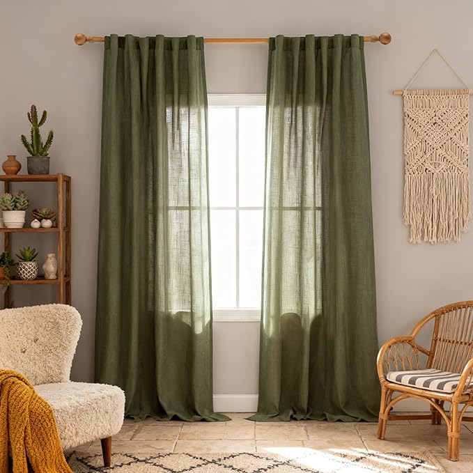 MYSKY HOME 95 Inch Semi Sheer Sliding Door Curtains Farmhouse Light Filtering Window Curtain Drapes for Patio Living Room, Linen Look Texture Fabric Bohemian Draperies, 50x95, Olive Green, 2 Panels