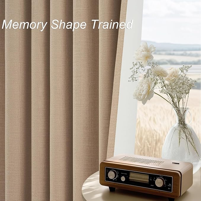 Topfinel Blackout Linen Blend Curtains 96 Inches Long 2 Panels,Black Out Drapes for Bedroom Living Room, Back Tab and Rod Pocket,Pinch Pleat Style with Hooks,Tan Light Taupe 52" Wide and 96" Length