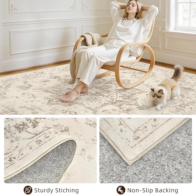 Area Rugs 9x12 Living Room: Vintage Boho Neutral Washable Rug Indoor Soft Large Area Rug Carpet for Bedroom Nursery Farmhouse Dining Room Office Floor Non-Slip Low Pile Under Table Rug Beige/Ivory