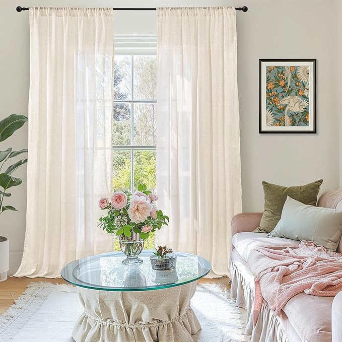 BGment Linen Curtains 102 Inches Long for Living Room, Semi Sheer Light Beige Window Drapes for Bedroom Farmhosue Decor Floor Length with Rod Pocket Leightweight, 2 Panels Set, Each 52 Inch Wide