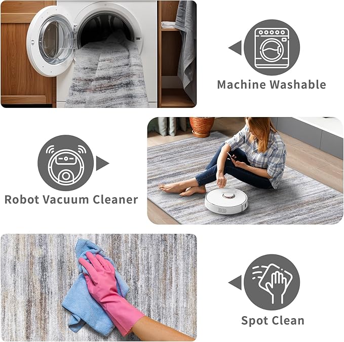 3x6 Washable Runner Rug for Family: Easy-to-Clean Runners for Hallway Entryway Kitchen Bedroom - Stain and Water Resistant Rugs with Non-Slip Backing - Soft Low-Pile Carpet Beige Grey