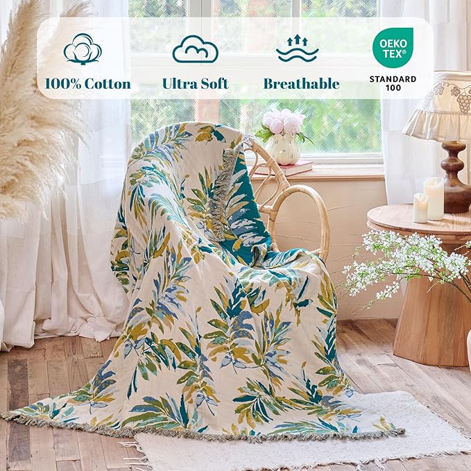 MSGKV Boho Throw Blanket for Couch Cotton Leaves Blanket 50"x60" Throws for Sofa Chair Muslin Spring Breathable Lightweight Farmhouse Blankets Home Decor All Seasons