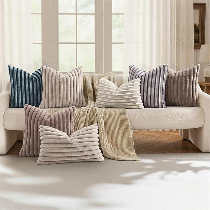 decorUhome Cozy Faux Fur Throw Pillow Covers 24x24 Set of 2 Decorative Soft Plush Striped Modern Farmhouse Boho Couch Euro Sham Pillow Cases with Velvet Back for Sofa Bed Living Room, Tan