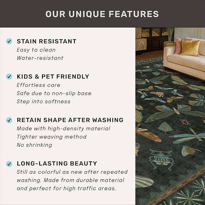 Hazo Haus Insect 2x7 Stain Resistant Kitchen Runner Rugs, Vintage Bathroon Rug Non Skid, Low Pile & Soft Non Slip with Rubber Backed, Dark Green Boho Room Decor for Bedroom