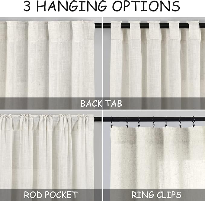 Cream Linen Curtains 139 Inches Long for Living Room Extra Long Back Tab Curtains Neutral Farmhouse Light Filtering Semi Sheer Linen Drapes Ceiling to Floor for Large Window 2 Panels Set 52x139