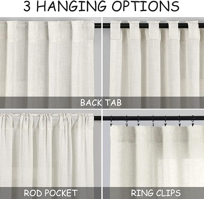 Nanspring Cream Semi Sheer Linen Curtains 72 inch Length for Living Room Back Tab Rod Pocket Modern Farmhouse Coastal Decor Cotton Textured Gauze Curtains for Dining Room Office Sunroom 38x72
